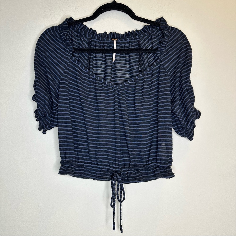 Free People Dorothy Sheer Stripe Ruched Sleeve Black Top Size XS
